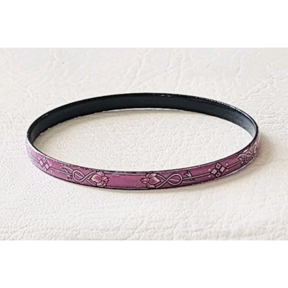 Vintage Signed Michaela Frey Purple Enamel Bangle Bracelet Flowers Ribbons